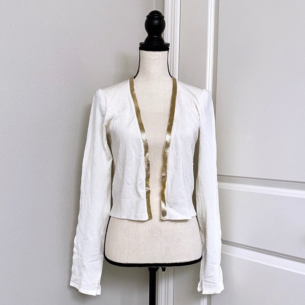 MY MICHELLE Off White and Gold Cropped Cardigan